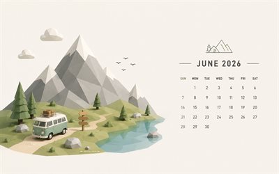 June 2026 Calendar, 4k, gray background, polygon mountain landscape, 2026 June Calendar, mountains, June, 2026 calendars, June Calendar 2026, summer travel