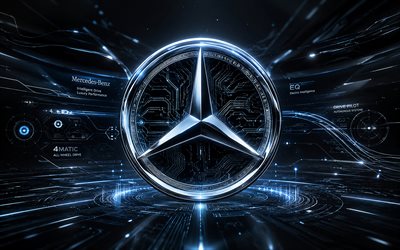 logotipo 3d da mercedes benz, 4k, fundo futurista escuro, criativo, raios de néon azuis, logotipo metálico da mercedes benz, logotipo futurista da mercedes benz, logotipo mercedes, mercedes, marcas de carros, logotipo da mercedes benz, mercedes benz