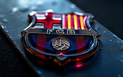 FC Barcelona steel logo, blue burgundy background, FC Barcelona steel emblem, neon light, FC Barcelona logo, FC Barcelona glass sign, La Liga, Spain, football, FC Barcelona, Barcelona logo, Barcelona