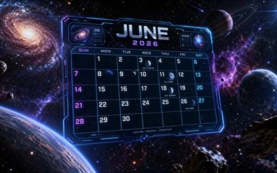 2026 June Calendar, 4k, galaxy, planets, June 2026, summer calendars, June 2026 Calendar, summer, June calendars, 2026 calendars, June