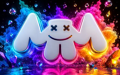 DJ Marshmello logo, 4k, colorful crystals creative art, fan art, DJ Marshmello 3d white logo, bokeh, DJ Marshmello 3d logo, DJ Marshmello, Marshmello 3D emblem, Marshmello