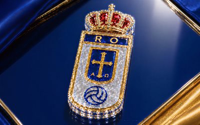 Real Oviedo crystal logo, blue metal background, Real Oviedo emblem, Real Oviedo logo, Real Oviedo crystal sign, La Liga, Spain, football, Real Oviedo