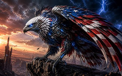 4k, águila calva, ciberpunk, bandera estadounidense en la cara, bandera de estados unidos, aves de presa, águila mecánica, símbolo de los eeuu, arte del águila calva, bandera americana, 4 de julio, águilas, eeuu, cuatro de julio, arte 3d