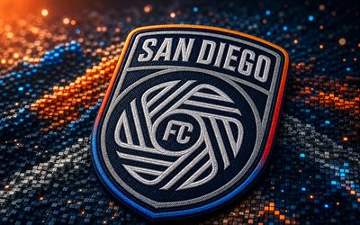 san diego fc kangaslogo, 4k, sininen oranssi 3d tausta, mls, jalkapallo, san diego fc  logo, san diego fc 3d logo, san diego fc, amerikkalainen jalkapalloseura, fc san diego