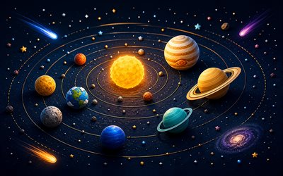4k, Solar system planets, bokeh, isometric art, astronomy, universe, Sun, Mercury, Venus, Earth, Mars, Jupiter, Saturn, Uranus, Neptune, Solar system, planets, planetary system, galaxy, Solar system concepts