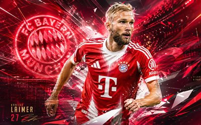 konrad laimer, fc bayern munich, fan art, fond numérique abstrait rouge, konrad laimer fc bayern munich, art créatif, logo du fc bayern munich, konrad laimer bayern munich, football, bayern munich