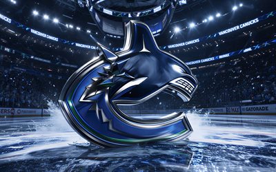 Vancouver Canucks metal logo, 4k, creative, ice arena, NHL, spotlights, hockey, Vancouver Canucks logo, hockey stadium, Vancouver Canucks 3D logo, canadian hockey team, Vancouver Canucks