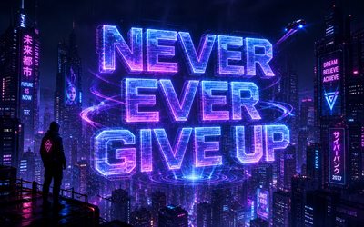 Never Ever Give Up, 4k, cyberpunk, neon 3D letters, popular short quotes, Never Ever Give Up concepts, inspiration, Never Ever Give Up inspiration, creative, Never Ever Give Up Art