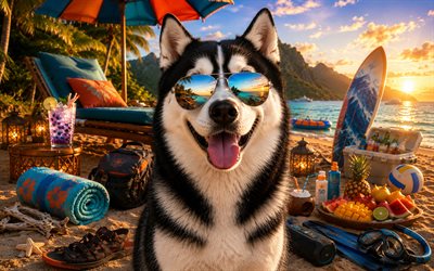 Siberian Husky, 4k, summer, tropical beach, beach accessories, sea, sun lounger, sunglasses, Siberian Husky on beach, dogs, cocktail, cute animals, Husky, beach, pets, dog in sunglasses, Siberian Husky Dog