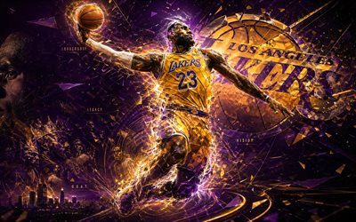 ليبرون جيمس, 4k, خلفية مجردة البنفسجي, لوس أنجلوس ليكرز, الدوري الاميركي للمحترفين, فن المعجبين, شعار لوس أنجلوس ليكرز, ليبرون جيمس 4k, أضواء النيون البنفسجي, كرة السلة, ليبرون جيمس ليكرز, لوس انجليس ليكرز