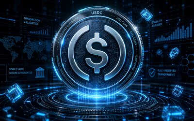 logotipo 3d do usdc, 4k, fundo futurista azul, criptomoedas, logotipo de vidro usdc, marcas, criptomoeda usdc, logotipo futurista do usdc, blockchain, logotipo usdc, usdc