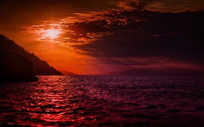 sea, clouds, sunset, mountains, waves, red sky
