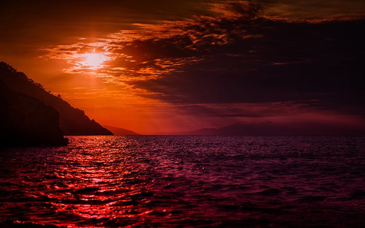 hav, moln, solnedgång, berg, vågor, röd himmel