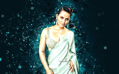 Kangana Ranaut, 4k, blue neon lights, indian actor, Bollywood, movie stars, artwork, picture with Kangana Ranaut, indian celebrity, Kangana Ranaut 4k