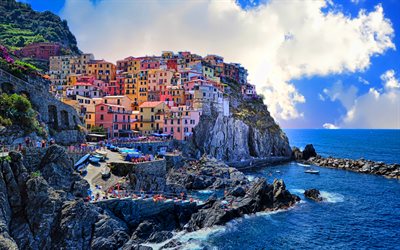 Manarola, 4k, italian cities, coast, Ligurian Sea, summer, Cinque Terre, Italy, Manarola cityscape