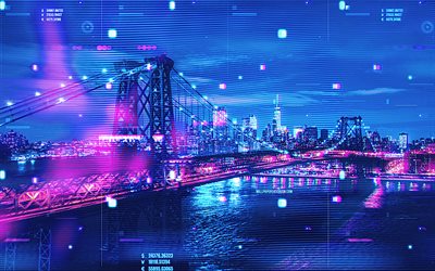 bridge williamsburg, 4k, cyberpunk, passages, la ville de new york, rivière est, villes américaines, grattes ciels, paysage urbain de new york, williamsburg bridge cyberpunk, etats unis, new york, panorama de new york