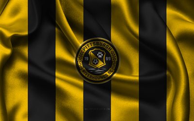 4k, Pittsburgh Riverhounds SC logo, black yellow silk fabric, American soccer team, Pittsburgh Riverhounds SC emblem, USL Championship, Pittsburgh Riverhounds SC, USA, football, Pittsburgh Riverhounds SC flag, USL, soccer