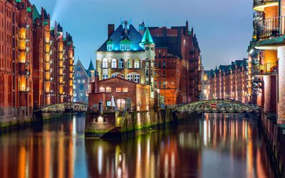 Hamburg, gece, binalar, kanallar, Almanya