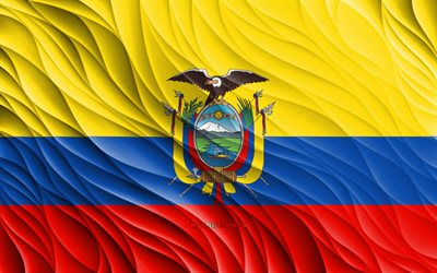 4k, drapeau équatorien, ondulé 3d drapeaux, les pays d amérique du sud, le drapeau de l équateur, le jour de l équateur, les vagues 3d, les symboles nationaux équatoriens, l équateur