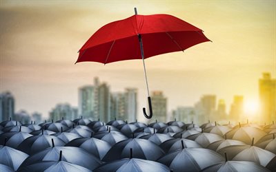 ser diferente, 4k, guarda-chuva vermelho, conceitos de negócios, ideia de conceito, liderança, líder conceitos, ser diferente conceito