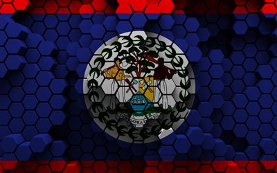 4k, Flag of Belize, 3d hexagon background, Belize 3d flag, 3d hexagon texture, Belize national symbols, Belize, 3d background, 3d Belize flag