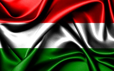 ungersk flagga, 4k, europeiska länder, tygflaggor, ungerns dag, ungerns flagga, vågiga sidenflaggor, europa, ungerns nationella symboler, ungern