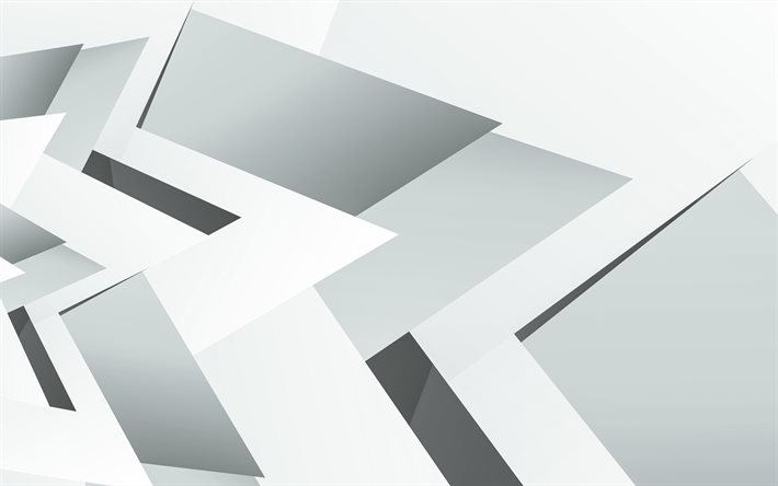 4k, branco e cinza, formas geométricas, design de material, fundos brancos, arte geométrica, criativo, fundo com fragmentos