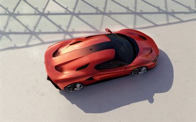 2022, ferrari sp48 unica, 4k, vista desde arriba, exterior, supercar rojo, rojo sp48 unica, autos deportivos italianos, ferrari