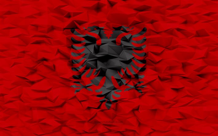 bandera de albania, 4k, fondo de polígono 3d, textura de polígono 3d, bandera albanesa, bandera de albania 3d, símbolos nacionales albaneses, arte 3d, albania