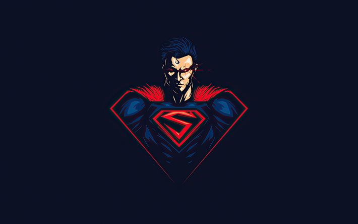 スーパーマン, 4k, 青い背景, 最小限, スーパーヒーロー, スーパーマンのミニマリズム, スーパーマン4k