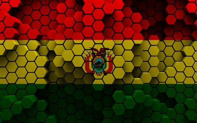 4k, bandera de bolivia, fondo hexagonal 3d, bandera 3d de bolivia, textura hexagonal 3d, símbolos nacionales bolivianos, bolivia, fondo 3d, bandera de bolivia 3d