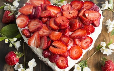 strawberry cake, heart cake, strawberries, berries, sweets, berries cake, pastries