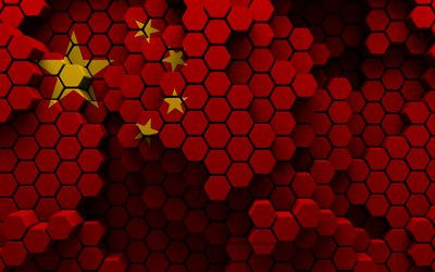 4k, 中国の旗, 3d六角形の背景, 中国の3dフラグ, 3d六角形テクスチャ, 中国の国家シンボル, 中国, 3d背景, 3d中国旗