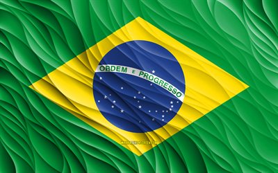 4k, 브라질 국기, 물결 모양의 3d 플래그, 남미 국가, 브라질의 국기, 브라질의 날, 3d 파도, 브라질 국가 상징, 브라질