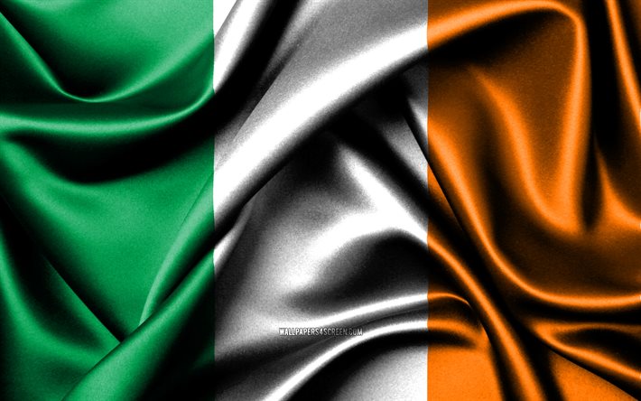 irländska flaggan, 4k, europeiska länder, tygflaggor, irlands dag, irlands flagga, vågiga sidenflaggor, europa, irländska nationella symboler, irland