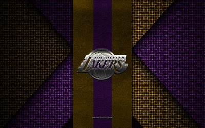 Los Angeles Lakers, NBA, yellow purple knitted texture, Los Angeles Lakers logo, American basketball club, Los Angeles Lakers emblem, basketball, Los Angeles, USA