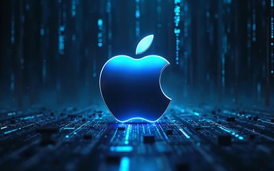 4k, apple blue logo, bokeh, blauer matrixhintergrund, elektronikmarken, apple 3d  logo, kreativ, apple logo, marken, kunstwerk, apfel