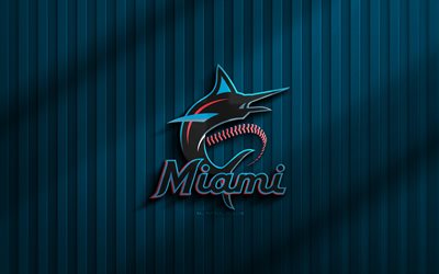 4k, miami marlins 3d logo, mlb, fondo 3d azul, béisbol, emblema de miami marlins, logotipo de miami marlins, creativo, equipo de béisbol americano, miami marlins
