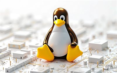 logotipo de linux golden 3d, fondo de tecnología blanca, emblema de linux, logotipo de linux, penguin linux 3d, linux, fondo blanco de alta tecnología