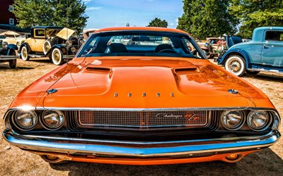 Dodge Challenger, retro cars, muscle cars, HDR, supercars, ftont view, orange challenger