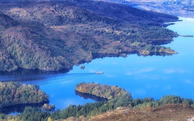 loch katrine, lago, colinas, costa, trossachs, escócia