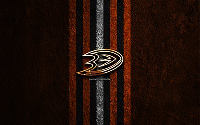 Anaheim Ducks golden logo, 4k, orange stone background, NHL, american hockey team, National Hockey League, Anaheim Ducks logo, hockey, Anaheim Ducks