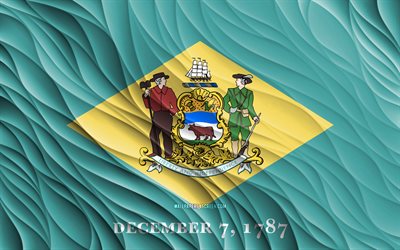 4k, Delaware flag, wavy 3D flags, american states, flag of Delaware, Day of Delaware, 3D waves, USA, State of Delaware, states of America, Delaware