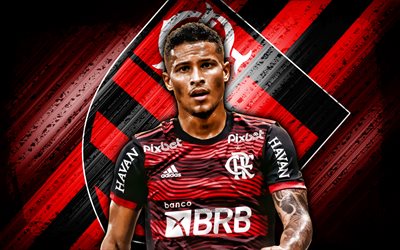 Joao Gomes, 4k, red grunge background, Flamengo FC, soccer, diagonal lines, Brazilian Serie A, CR Flamengo, brazilian football players, Joao Gomes Flamengo, football, Joao Gomes 4K