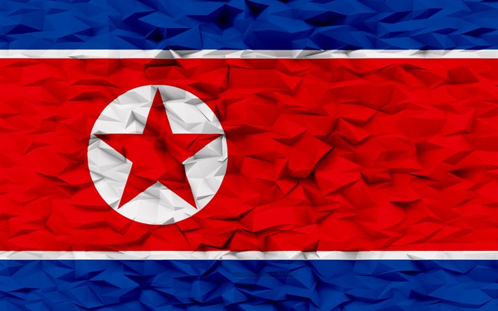 bandiera della corea del nord, 4k, sfondo del poligono 3d, struttura del poligono 3d, giorno della corea del nord, bandiera della corea del nord 3d, simboli nazionali della corea del nord, arte 3d, corea del nord, paesi dell asia