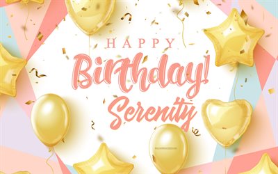 Happy Birthday Serenity, 4k, Birthday Background with gold balloons, Serenity, 3d Birthday Background, Serenity Birthday, gold balloons, Serenity Happy Birthday