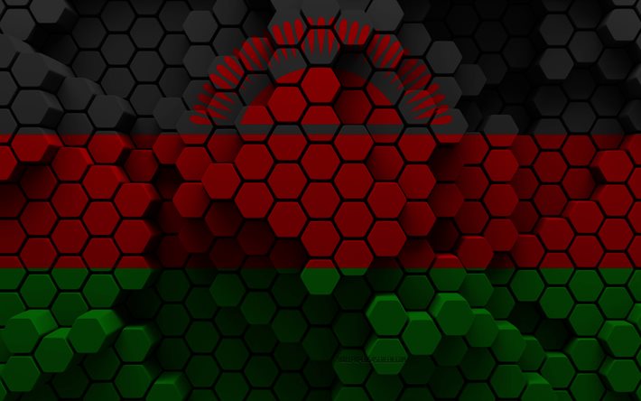 4k, drapeau du malawi, 3d hexagone de fond, malawi 3d drapeau, jour du malawi, 3d hexagone texture, malawi symboles nationaux, malawi, 3d malawi drapeau, les pays africains