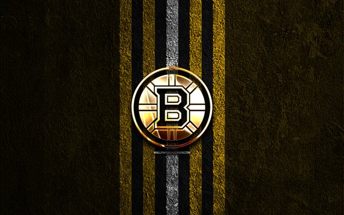 logotipo de oro de los boston bruins, 4k, fondo de piedra amarilla, nhl, equipo de hockey americano, liga nacional de hockey, logotipo de los boston bruins, hockey, boston bruins