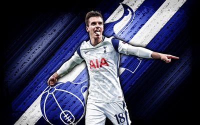 Giovani Lo Celso, 4k, blue grunge background, Tottenham Hotspur FC, soccer, diagonal lines, Premier League, Argentinean football players, Giovani Lo Celso Tottenham Hotspur, football, Giovani Lo Celso 4K