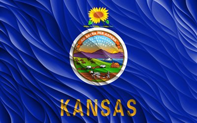 4k, カンザスの旗, 波状の 3d フラグ, アメリカの州, カンザス州の旗, カンザスの日, 3d 波, アメリカ合衆国, カンザス州, カンザス